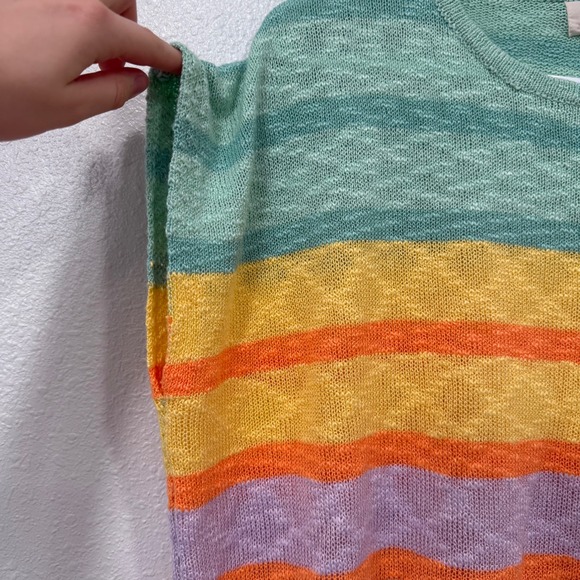 BiBi Women Striped Knit Top Teal Yellow Orange Pink Short Sleeve Sweater M - Picture 2 of 8